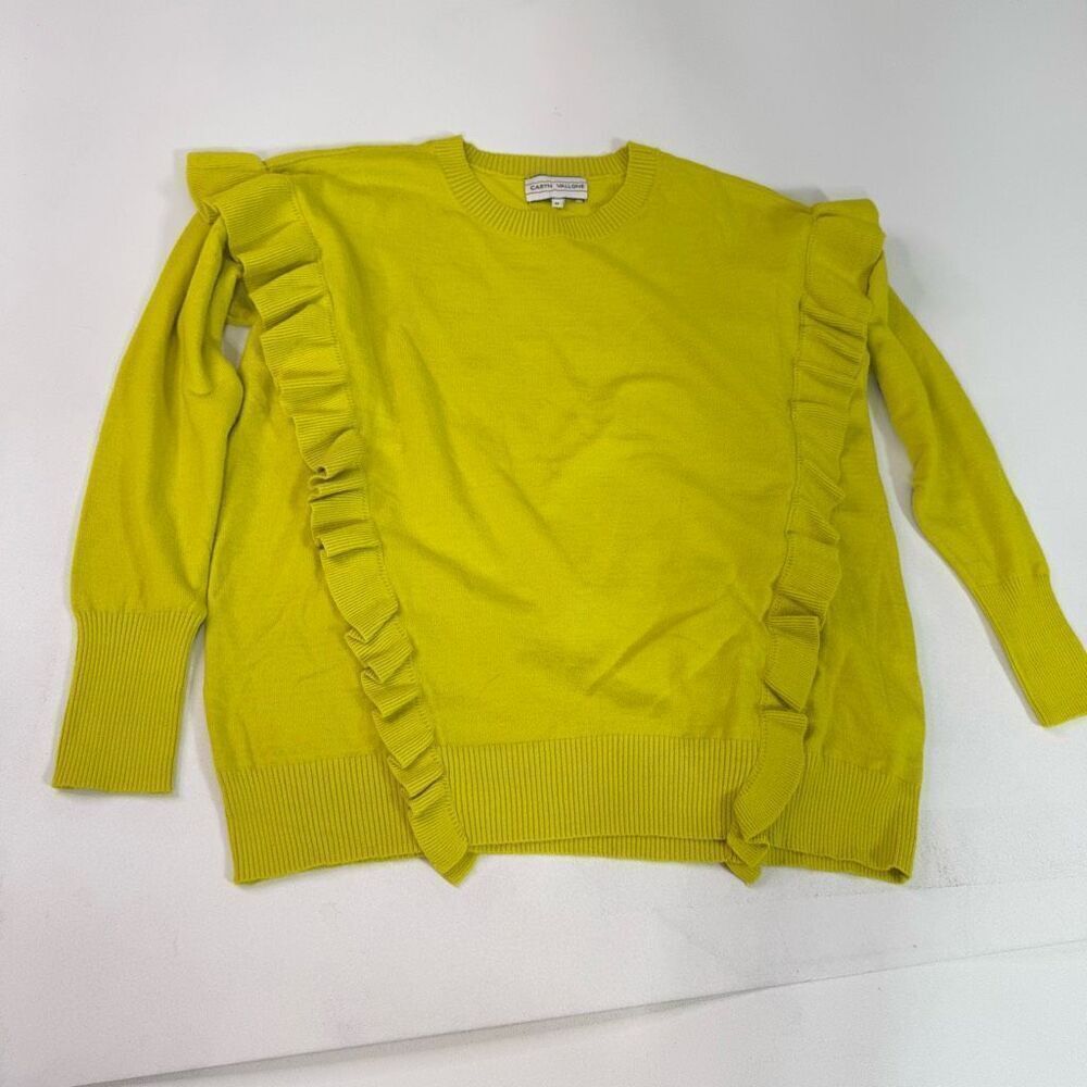 Caryn Vallone Sweater Womens Medium Yellow Long Sleeve Crew Neck Pullover Ruffle